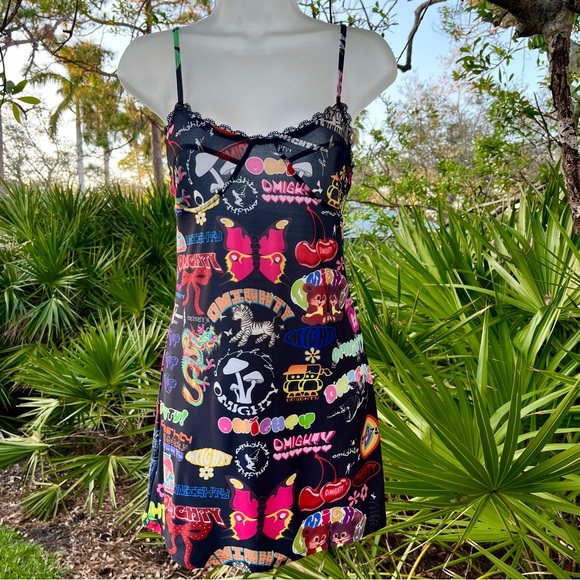 omighty Dresses & Skirts - Omighty Logomania Black Mini Dress Size S Stretch Tattoo Sexy Sheer Straps Layer